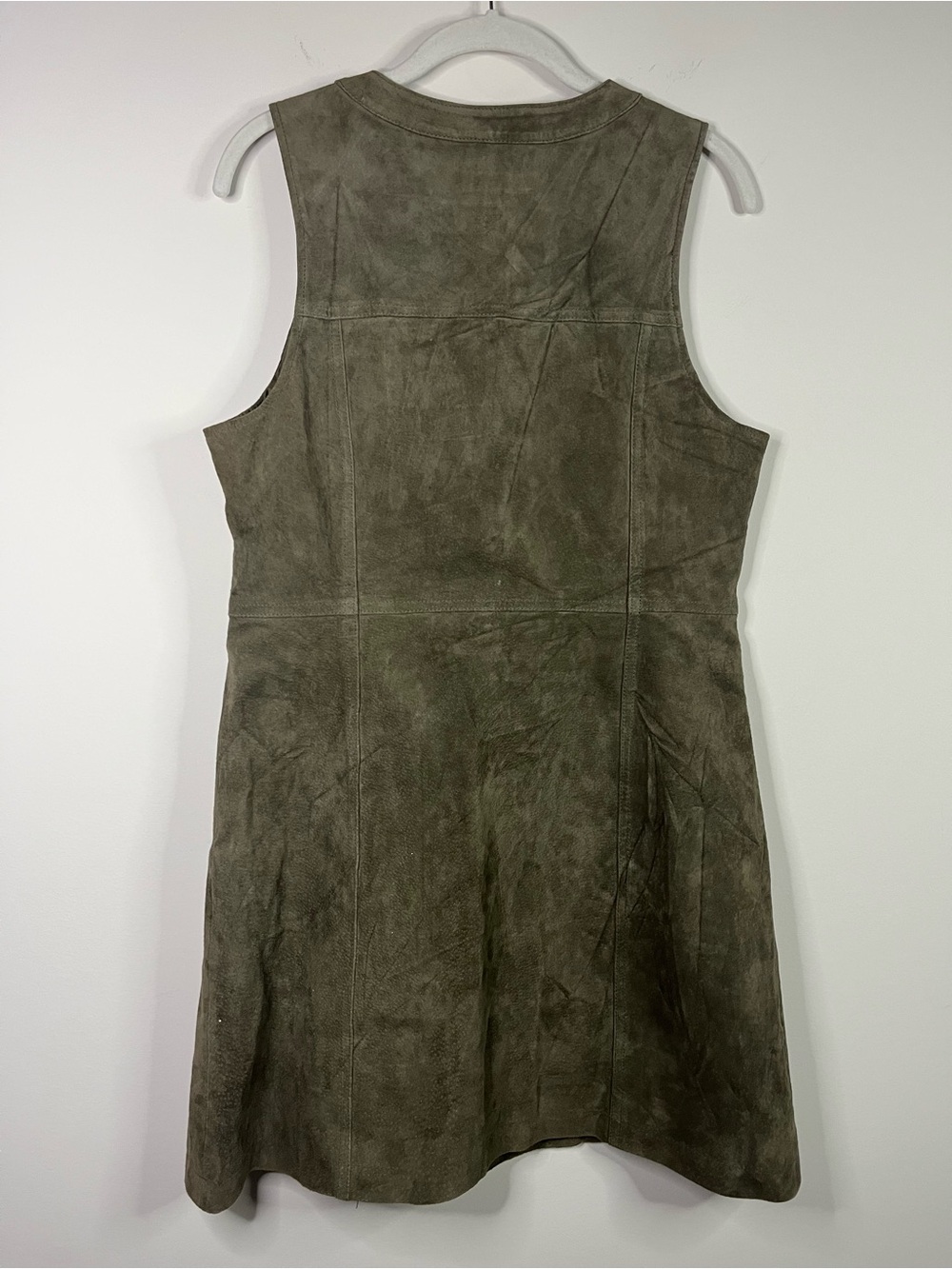 Pilcro Anthropologie Olive Green 100% Suede Leather Sleeveless Mini Dress Size 8 - Picture 8 of 13